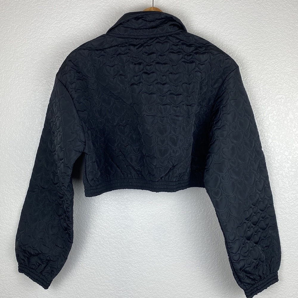 Black Heart Quilted Cropped Crop Bomber Zip Front Jacket Coat - Picture 7 of 9